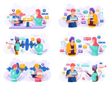 Ses asistanı. Akıllı hoparlör sanal asistanı, ses robotu, ses kontrollü akıllı hoparlör kullanan insanlar. Ses etkinleştirilmiş dijital kimlik kontrolü erişimi olmayan mobil cihaz mikrofonu