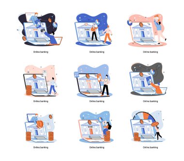 Çevrimiçi bankacılık platformu metaforu, uzak banka servisi, mobil yatırım ve ödeme için çevrimiçi işlem sistemi. Banka işlemleri, döviz kurları, çek hesabı, mevduat yönetimi, e-ticaret.