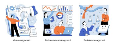 Fikir yönetimi, performans operasyonu. Yeni bir fikir, proje yönetimi, karar verme, alternatif düşünme, çözüm bulma, ürün geliştirme aşaması, beyin fırtınası süreci soyut metafor seti