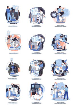 Tıbbi araştırma. Laboratuvar teşhis hizmetleri, tıbbi cihaz tasarım geliştirme sahneleri metaforu. Kimya kliniğindeki bilim adamları, mikrobiyoloji farmasötik araştırmaları. Aşı keşfi