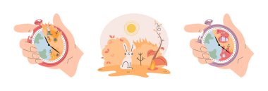 Küresel ısınma kavramları ayarlandı, kronometre ve yanan gezegen. Atmosfer için insan faaliyetlerinin sonuçları. Çevre değişimi, ekolojik felaket. İklim değişikliği sonucu çıkan yangın