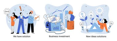Çözüm metaforumuz, iş yatırımımız, yeni fikirler, çözüm sahnelerimiz var. Takım çalışması ve beyin fırtınası. Takım ve yeni bir başlangıç. Liderlik ve finansal faaliyetler. Yeni fikirler için ortak aramayı kavra