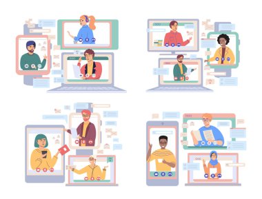 Sanal toplantı, online takım çalışması. Video konferansına katılan bir grup meslektaşla birlikte masaüstü bilgisayarı. Video konferans ve çevrimiçi iletişim için yazılım. Çevrimiçi kafatası oturumu, webinar