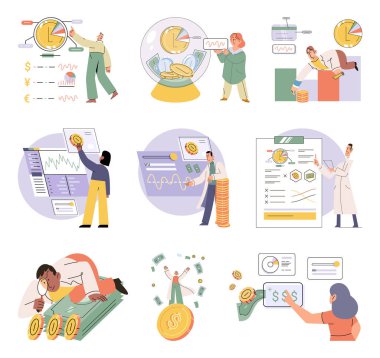 İnsanlar gelecek için para biriktirir. Kişisel ve kurumsal bütçe sahnelerinin analizi yapılıyor. İş adamı, iş süreçlerini ve büyük verileri denetliyor. Tasarruf finansal yatırım sermaye büyümesi