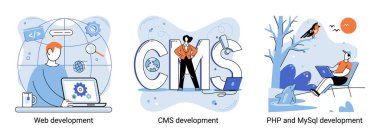 Web sitesi mimarisi metaforu kavramsallaştırır. Web geliştirme, PHP ve MySQL, CMS, arayüz tasarımı, yazılım testi. Oluşturma dijital yazılım mobil, masaüstü platformları. Dijital içerik yönetim sistemi