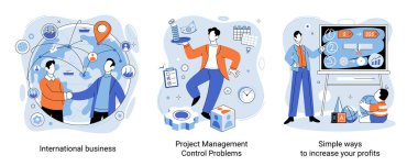 International business, project management, control problems, simple ways to increase your profits. Business process concept set. Teamwork, development of successful strategy and organization of team