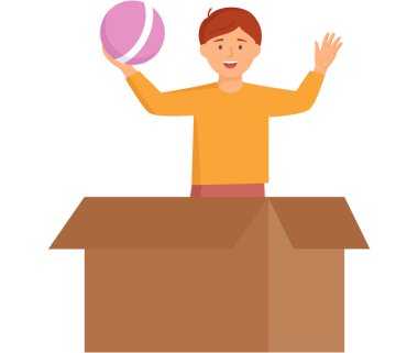 Happy boy jumping out of cardboard box and playing ball stands isolated on white. Child playing active games at home. Kid takes toys out of box and plays in new childrens room, fun childhood