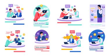 Ses asistanı. Akıllı hoparlör sanal asistanı, ses robotu, ses kontrollü akıllı hoparlör kullanan insanlar. Ses etkinleştirilmiş dijital kimlik kontrolü erişimi olmayan mobil cihaz mikrofonu