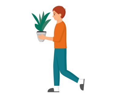 Teenager carries plant in pot taking care of houseplants. New family home concept, moving and rearranging items in interior. Cartoon boy isolated on white background standing with potted green bush