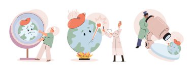 Küresel ısınma Yüksek sıcaklık ve sıcak hava. İklim değişikliği konsepti. Sıcak erimiş dünya gezegeni. Küresel ısınma etkisi. Minicik insanlar. Küresel sıcaklık yükseliyor. İnsanlar enerji gezegeni kullanır