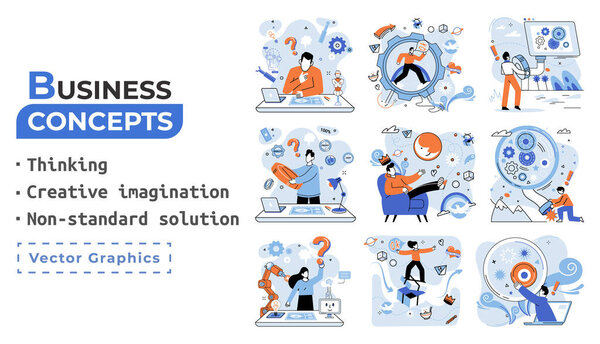 Creative thinking. People with different mental mindset types or model creative. Imaginative logical and structural thinking. MBTI person metaphor. Non standart solution. Brain think people solve idea