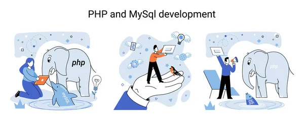 Php Mysql Fejlesztési Metafora Szoftver Weboldal Fejlesztő Számítógép Programozó Szolgáltatás — Stock Vector