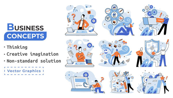 Creative thinking. People with different mental mindset types or model creative. Imaginative logical and structural thinking. MBTI person metaphor. Non standart solution. Brain think people solve idea