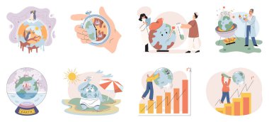 Küresel ısınma Yüksek sıcaklık ve sıcak hava. İklim değişikliği konsepti. Sıcak erimiş dünya gezegeni. Küresel ısınma etkisi. Minicik insanlar. Küresel sıcaklık yükseliyor. İnsanlar enerji gezegeni kullanır