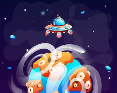 Yörüngede dağları, kayaları ve diğer nesneleri olan kozmik yabancı gezegen manzarası. Uzayda parlayan yıldızlı kozmosun fantezi çizimi. Uzay gemisi ile dünya dışı bilgisayar oyunu arkaplanı