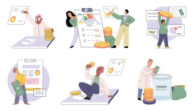 Budget plan concept. Evaluates income and expenses, analyzes investments and savings. Financial literacy and economics, accounting. Planning and distribution of money. Income and expenses report