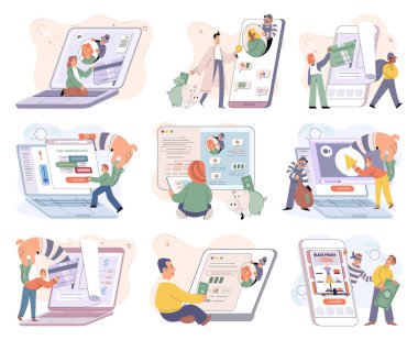 Hacker activity. Hacking computer. Phishing account, steal data, cyber attack. Stealing password. Cyber crime, theft personal information, cyber security spy access. Internet fraud scenes set metaphor