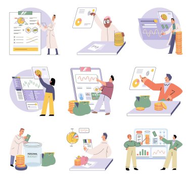 Budget plan concept. Evaluates income and expenses, analyzes investments and savings. Financial literacy and economics, accounting. Planning and distribution of money. Income and expenses report