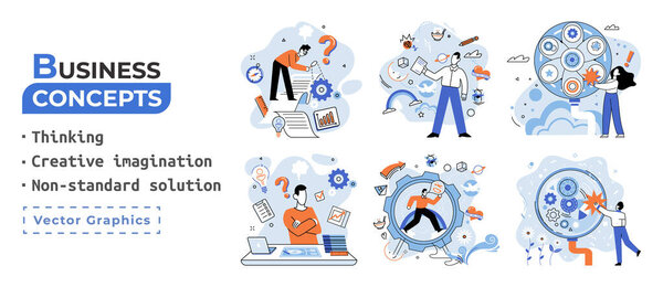 Creative thinking. People with different mental mindset types or model creative. Imaginative logical and structural thinking. MBTI person metaphor. Non standart solution. Brain think people solve idea