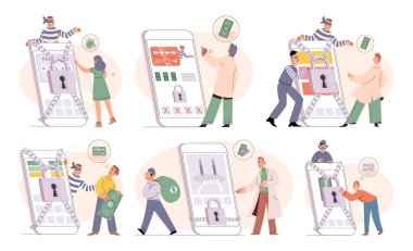 Hacker activity. Hacking computer. Phishing account, steal data, cyber attack. Stealing password. Cyber crime, theft personal information, cyber security spy access. Internet fraud scenes set metaphor