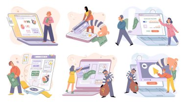 Hacker activity. Hacking computer. Phishing account, steal data, cyber attack. Stealing password. Cyber crime, theft personal information, cyber security spy access. Internet fraud scenes set metaphor