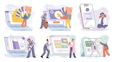 Hacker activity. Hacking computer. Phishing account, steal data, cyber attack. Stealing password. Cyber crime, theft personal information, cyber security spy access. Internet fraud scenes set metaphor