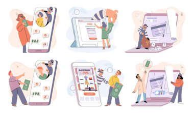 Hacker activity. Hacking computer. Phishing account, steal data, cyber attack. Stealing password. Cyber crime, theft personal information, cyber security spy access. Internet fraud scenes set metaphor