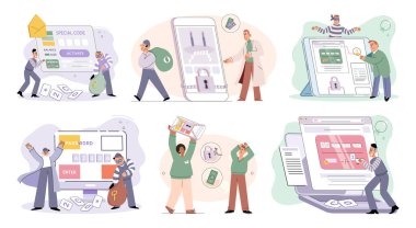 Hacker activity. Hacking computer. Phishing account, steal data, cyber attack. Stealing password. Cyber crime, theft personal information, cyber security spy access. Internet fraud scenes set metaphor