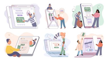 Hacker activity. Hacking computer. Phishing account, steal data, cyber attack. Stealing password. Cyber crime, theft personal information, cyber security spy access. Internet fraud scenes set metaphor