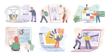 Hacker activity. Hacking computer. Phishing account, steal data, cyber attack. Stealing password. Cyber crime, theft personal information, cyber security spy access. Internet fraud scenes set metaphor