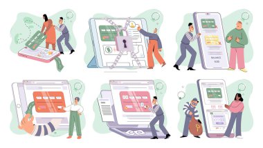 Hacker activity. Hacking computer. Phishing account, steal data, cyber attack. Stealing password. Cyber crime, theft personal information, cyber security spy access. Internet fraud scenes set metaphor