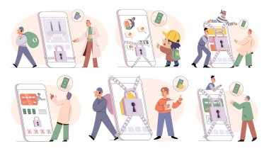 Hacker activity. Hacking computer. Phishing account, steal data, cyber attack. Stealing password. Cyber crime, theft personal information, cyber security spy access. Internet fraud scenes set metaphor