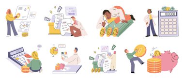 Set of people analyzing personal or corporate budget. Concept of finance accounting and calculation of financial income and expenses report. Financial consultant with document for tax computation