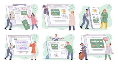 Hacker activity. Hacking computer. Phishing account, steal data, cyber attack. Stealing password. Cyber crime, theft personal information, cyber security spy access. Internet fraud scenes set metaphor