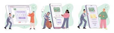 Hacker activity. Hacking computer. Phishing account, steal data, cyber attack. Stealing password. Cyber crime, theft personal information, cyber security spy access. Internet fraud scenes set metaphor