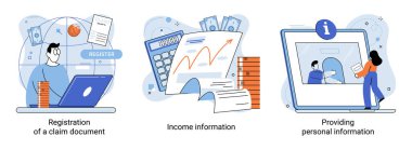 Registration of claim form register document, providing personal information, income information vector set. Tax filing, employer form, earnings statement documents, online software abstract metaphor