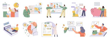 Set of people analyzing personal or corporate budget. Concept of finance accounting and calculation of financial income and expenses report. Financial consultant with document for tax computation