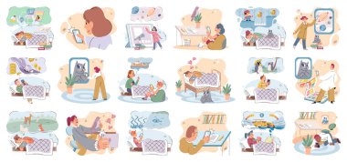 Children at home with phones and tablets set. Kids remote education, toddlers use smart technologies. Kids studying online, surfing social media, playing game, chatting by video call and use internet