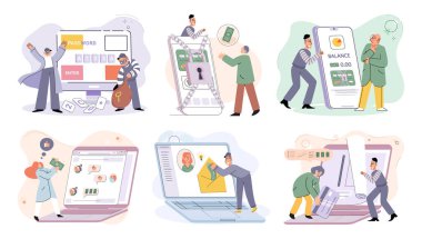 Hacker activity. Hacking computer. Phishing account, steal data, cyber attack. Stealing password. Cyber crime, theft personal information, cyber security spy access. Internet fraud scenes set metaphor