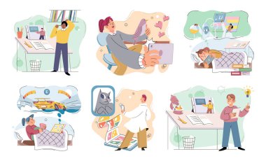 Children at home with phones and tablets set. Kids remote education, toddlers use smart technologies. Kids studying online, surfing social media, playing game, chatting by video call and use internet