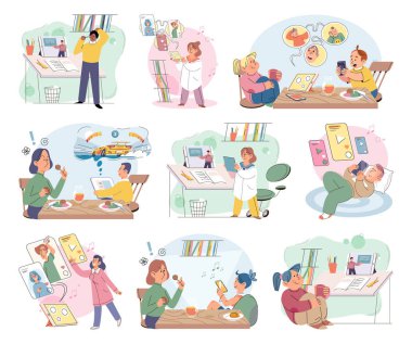 Happy little kid using tablet, child watching smartphone while eating at kitchen at home. Irritated mom is nervous that kid is distracted during feeding and spends too much time with gadgets