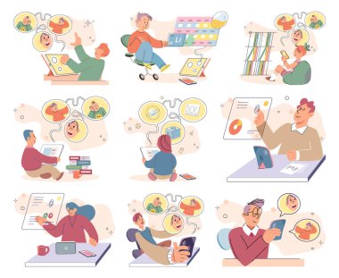 Children at home with phones and tablets set. Kids remote education, toddlers use smart technologies. Kids studying online, surfing social media, playing game, chatting by video call and use internet