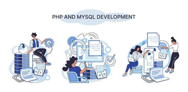 Php Mysql Development Metaphor Software Website Developer Computer Programmer Service — Stock Vector