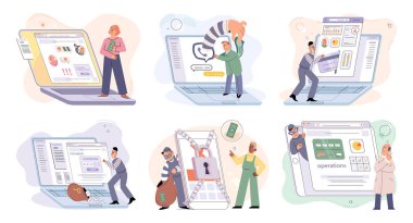 Hacker activity. Hacking computer. Phishing account, steal data, cyber attack. Stealing password. Cyber crime, theft personal information, cyber security spy access. Internet fraud scenes set metaphor