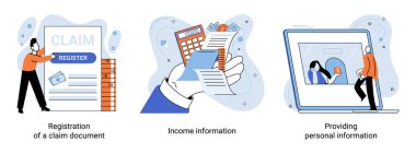Registration of claim form register document, providing personal information, income information vector set. Employer form, earnings statement documents. Tax, financial and accounting reporting
