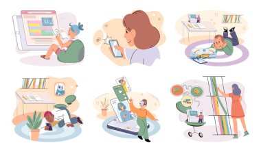 Children at home with phones and tablets set. Kids remote education, toddlers use smart technologies. Kids studying online, surfing social media, playing game, chatting by video call and use internet