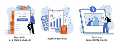 Registration of claim form register document, providing personal information, income information vector set. Employer form, earnings statement documents. Tax, financial and accounting reporting