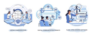 Yazılımla ilgili kelime bulutu. Dijital iletişim formatları, diş ipi, açık kaynak yazılımı. Birleşmiş sohbet modern teknoloji. Cihazlarla, mesajlarla ve e-postalarla iletişim kuruyor. E-öğrenme