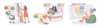 Children at home with phones and tablets set. Kids, toddlers use smart technologies lying in bed before going to sleep. Kids surfing social media, playing game, chatting by video call and use internet