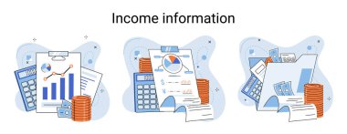 Income information vector set, business profitability indicator, entrepreneurial activity and accounting. Registration of claim form document, providing personal information, financial report